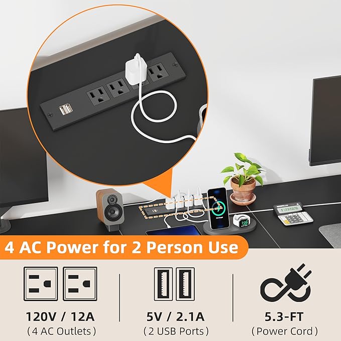 T-Shaped 2 Person Desk with Power Outlet, Long Two Person Gaming Table with LED & Fabric Drawers, 81.2'' Computer Desks with File Cabinet, Double Workstation for Home Office, Black