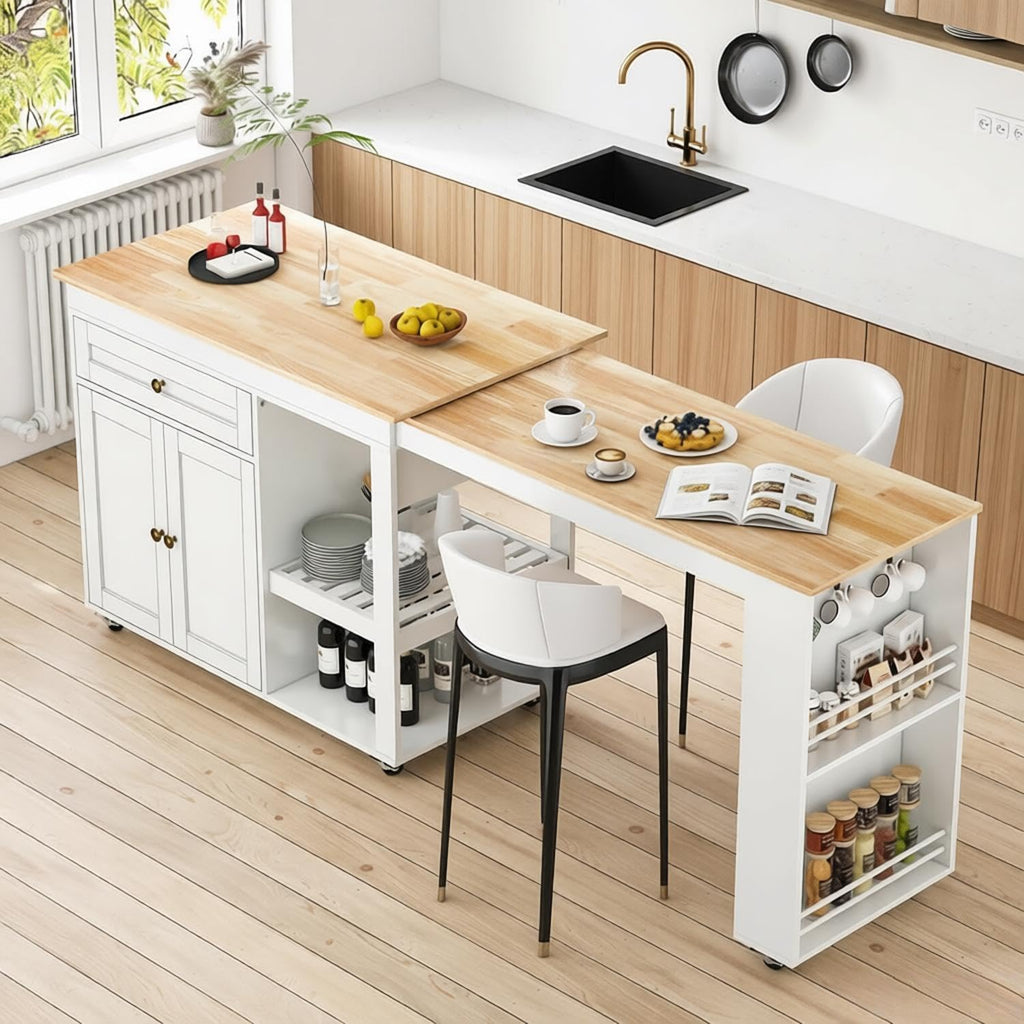 78"-49" Extendable Rolling Kitchen Island with Extended Dining Table, Mobile Kitchen Storage Islands with Storage Drawers, 2-Tier Storage Shelf, White