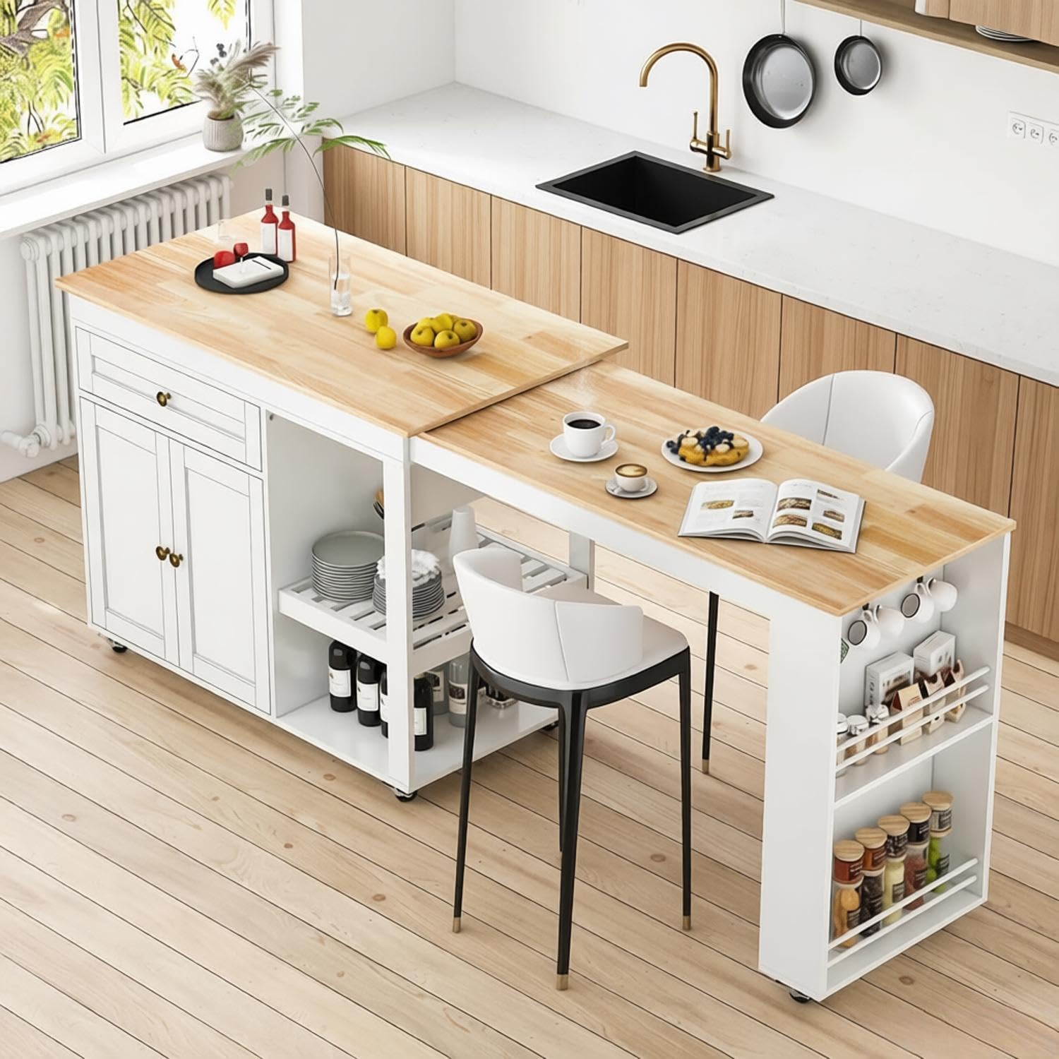 78"-49" Extendable Rolling Kitchen Island with Extended Dining Table, Mobile Kitchen Storage Islands with Storage Drawers, 2-Tier Storage Shelf, White