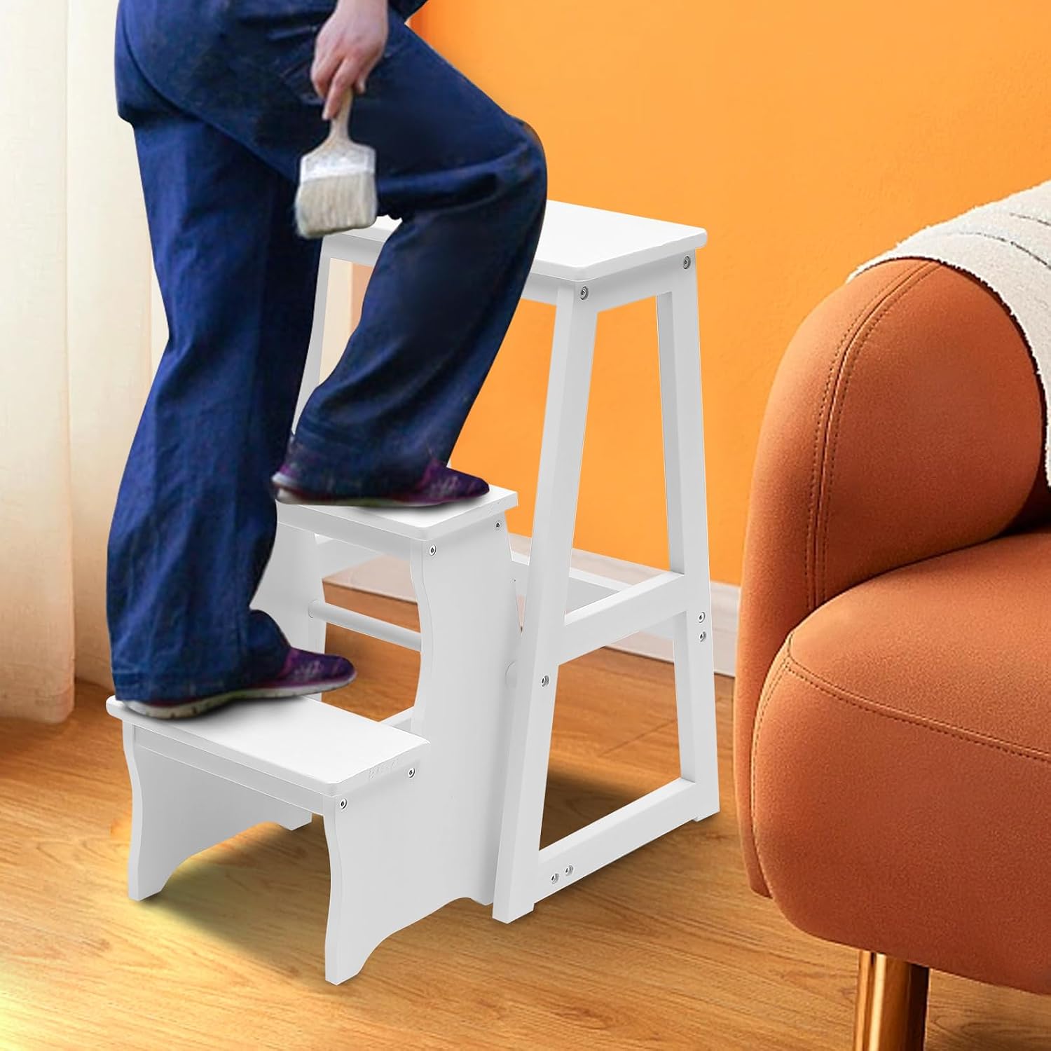 LYNICESHOP Folding Library Ladder Chair, 3-Step Wooden Folding Chair Lightweight Portable Multifunctional Step Stool, Stool Stepladders Display Stand and Flower Stand (White)