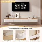 Floating TV Stand with Drawers, Pre-Assembled Wall Mounted TV Console, Modern Floating Media Console for Living Room, Space-Saving Floating TV Cabinet (Wood+White (with Led), 55in/140cm)