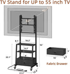 AFLUI Rolling TV Stand with Wheels and Mount & Fabric Drawer - Entertainment Center with Power Outlet and Small TV Stand for Bedroom, Living Room - 15" Black