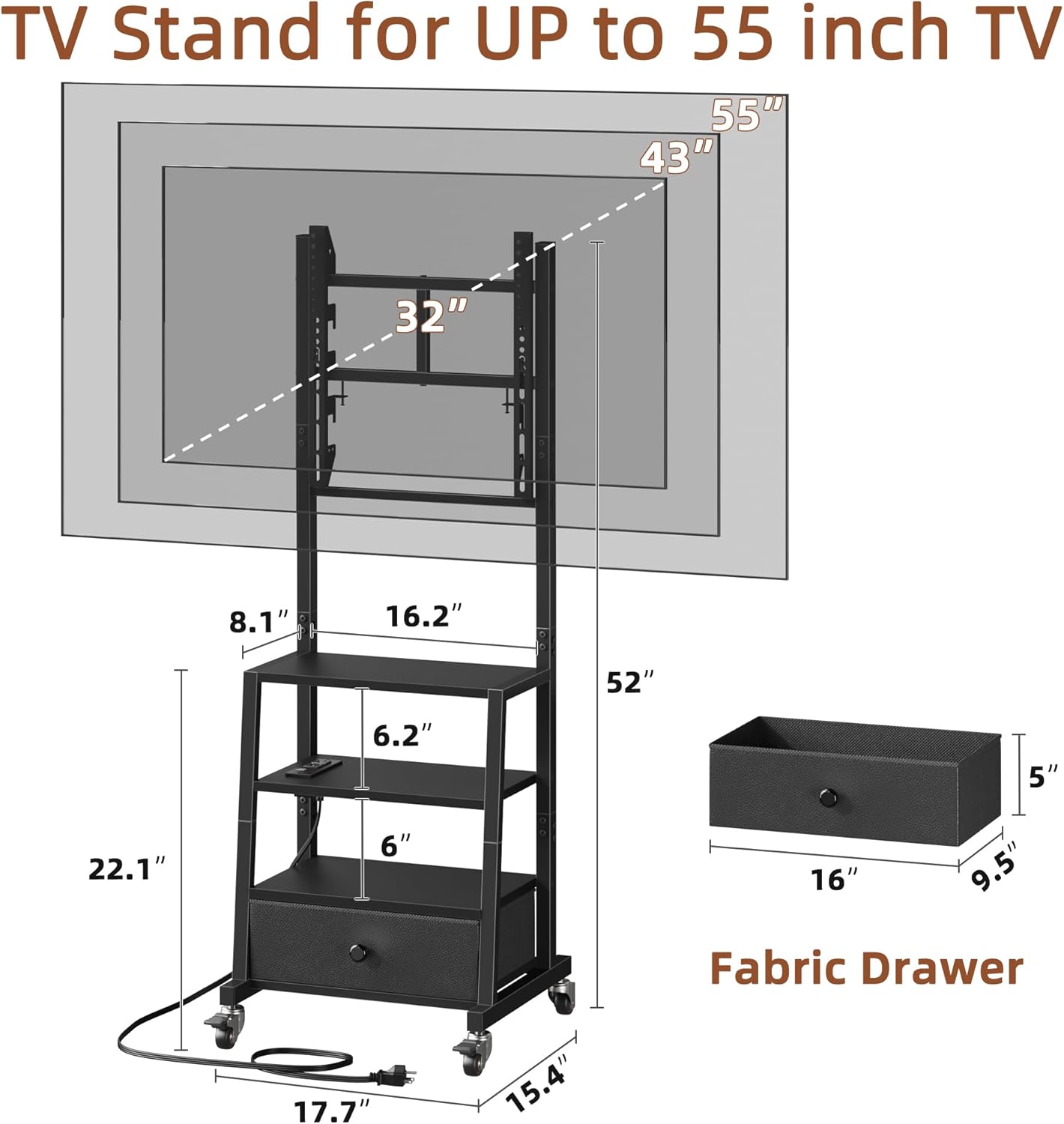 AFLUI Rolling TV Stand with Wheels and Mount & Fabric Drawer - Entertainment Center with Power Outlet and Small TV Stand for Bedroom, Living Room - 15" Black