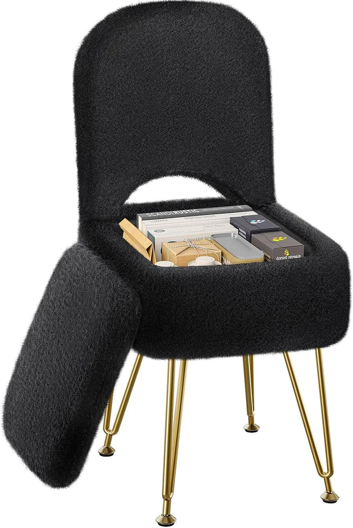 GREENSTELL Vanity Stool Chair with Storage and Folding Back, 13.4" x 15" x 30" Square Faux Fur Soft Ottoman, 4 Metal Legs with Anti-Slip Feet, Furry Padded Seat for Makeup, Bedroom, Black