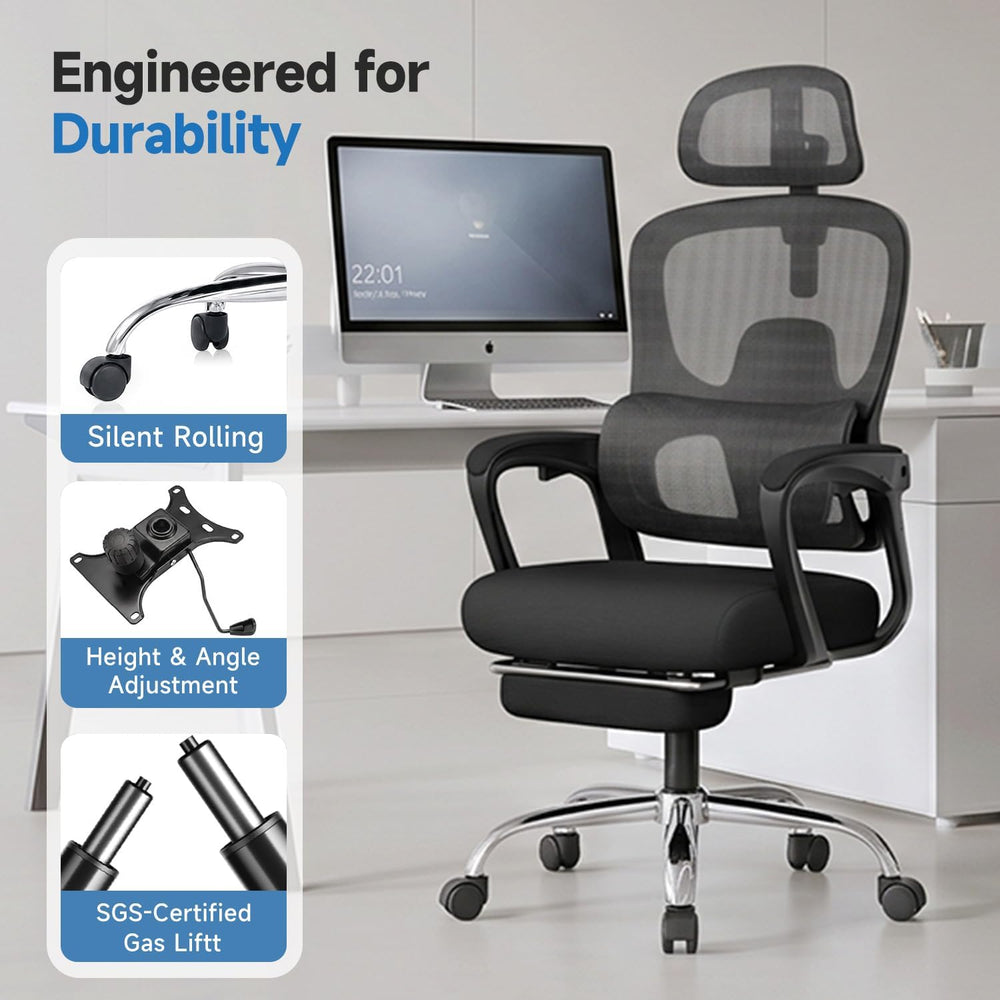 Ergonomic Office Chair with Footrest, 90-145° Reclining Desk Chair with Adjus...