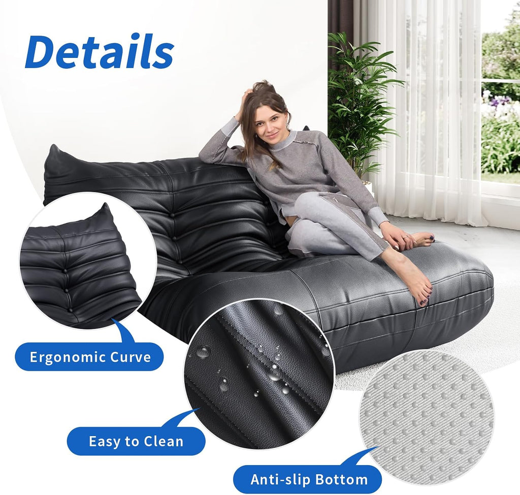 Foam Bean Bag Chairs for Adults,Big Faux Leather Bean Bag Lounger Couches, Modern Sofa,Floor Lazy Sponge Couch for Living Room Bedroom Dorm Office,Black