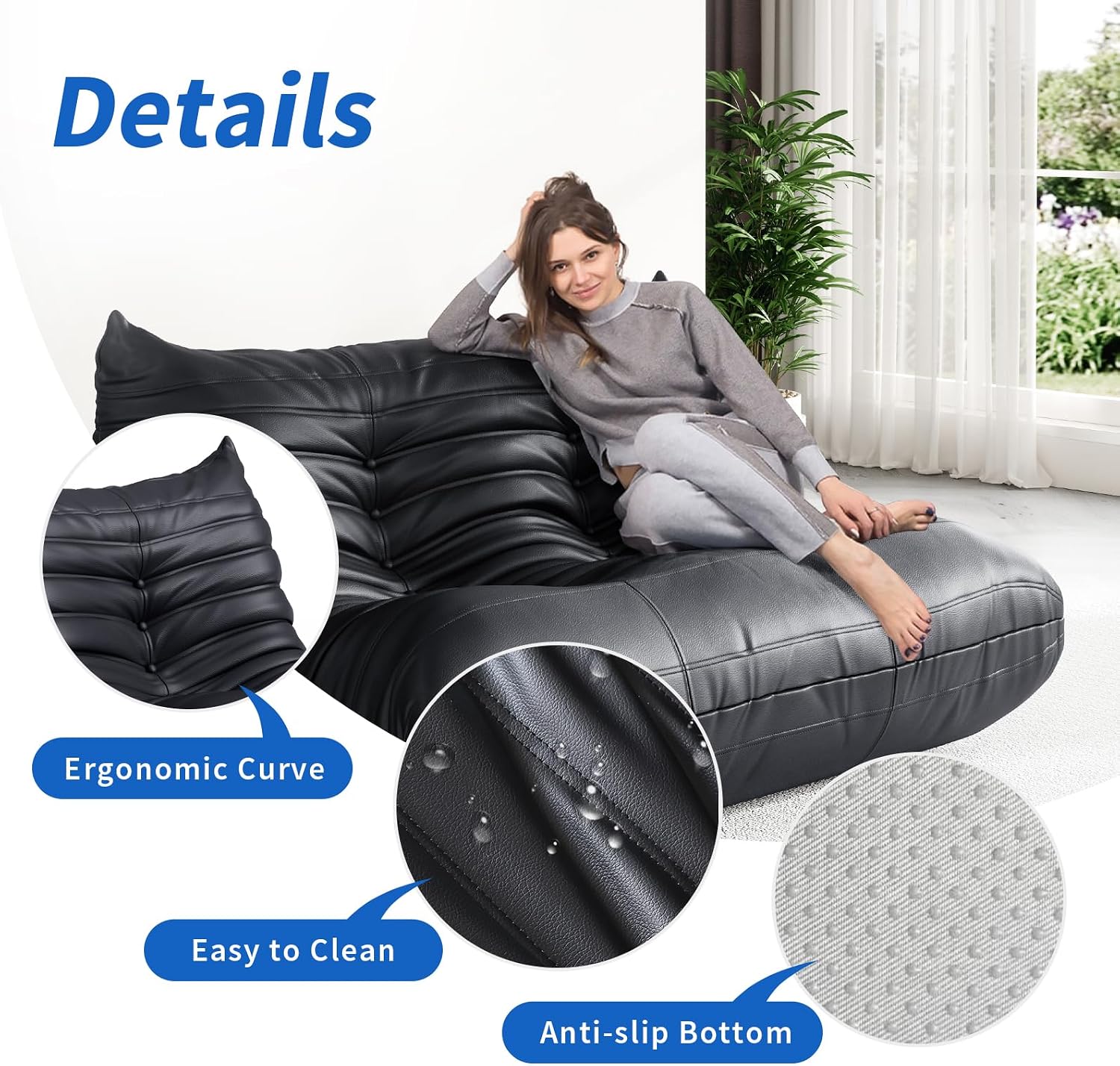 Foam Bean Bag Chairs for Adults,Big Faux Leather Bean Bag Lounger Couches, Modern Sofa,Floor Lazy Sponge Couch for Living Room Bedroom Dorm Office,Black
