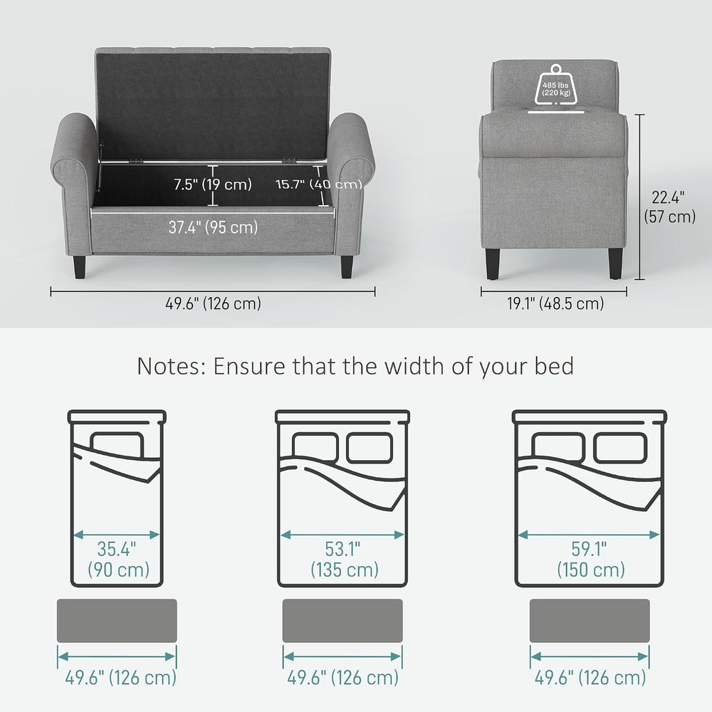 HOMCOM 50" Storage Ottoman Bench Button Tufted End of Bed Bench Gray | U...