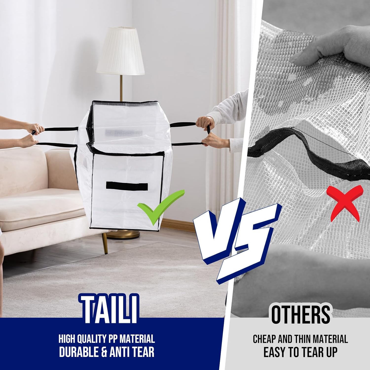 TAILI Extra Large Moving Bags, 2 Pack Clear Heavy Duty Totes for Storage with Visible Window, Wrap Around Handles, Storage Bags for Space Saving, Alternative to Moving Boxes