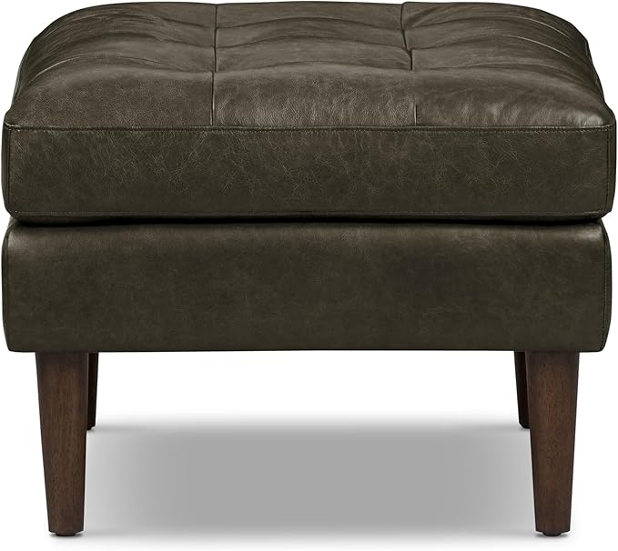 POLY & BARK Napa Ottoman - Full-Grain Leather Upholstered Ottoman with Feather-Down Topper - Couch for Living Room - Vintage Italian Leather in Olivine Green