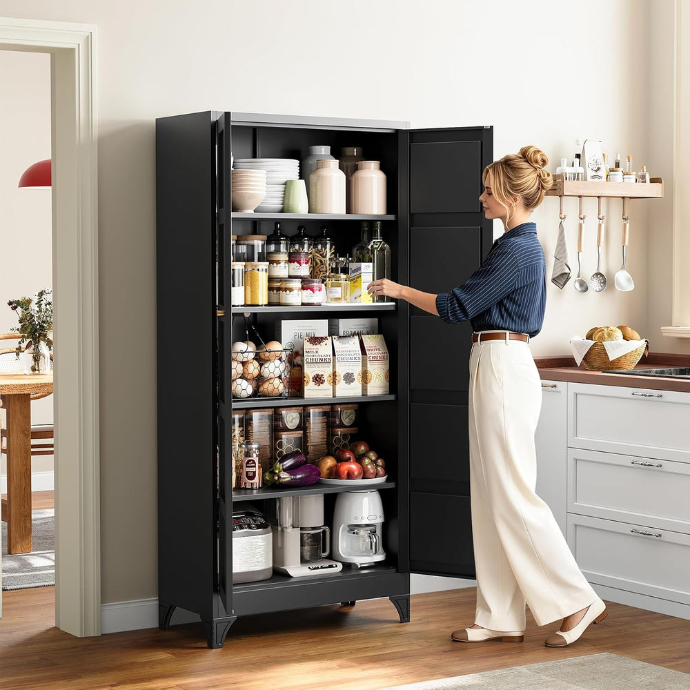 Yizosh Metal Pantry Cabinet,- 72" Black Kitchen Pantry Storage Cabinet w...