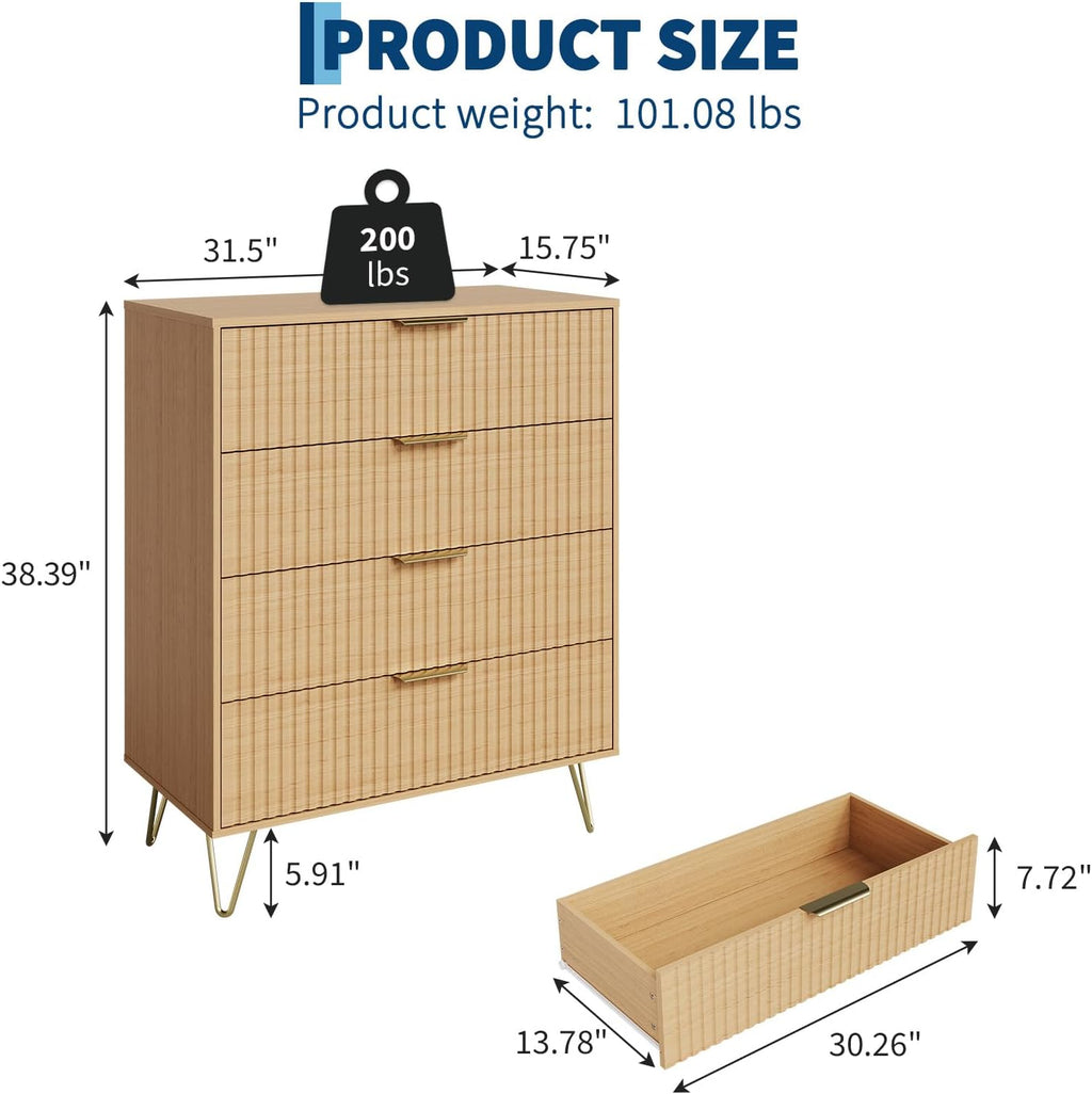 Garvee Fluted Dresser for Bedroom with 4 Drawers,32" Wide Modern Chest of Wooden Bedroom Chest with Metal Handle,Wide Clothes Storage Organizer,Closet Dresser & TV Stand for Living Room,Natura Oak