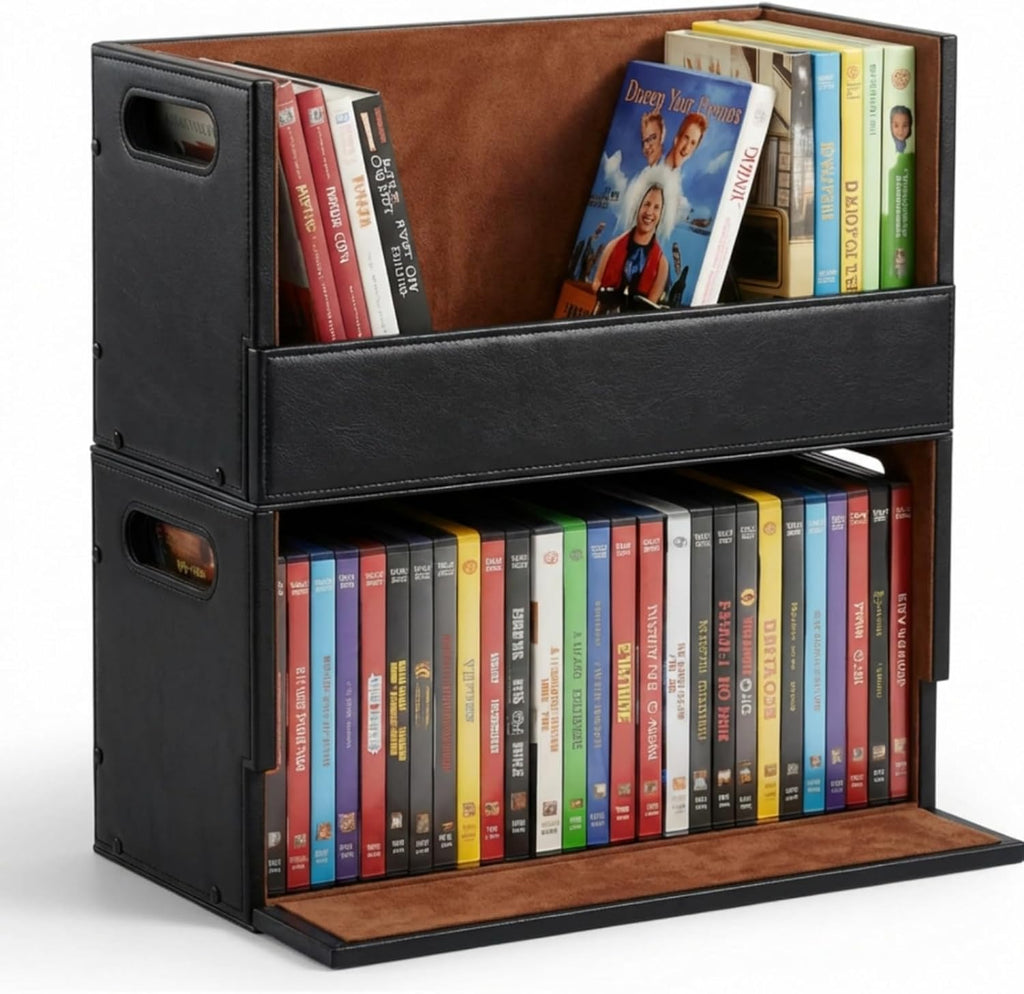 CroBlissful 2 Set Leather Dvd Storage Box Stackability Dvd Storage Shelf Holder Racks Cassette Tape Display Stand with Carrying Handles for Movie Cases Organizer Can Store up to 52 Boxes