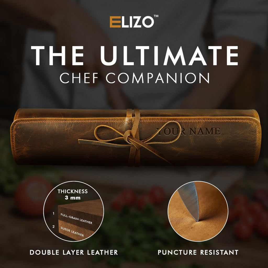 Personalized Premium Full Grain Leather Chef Knife Roll, 17L x 14W Inches Knife Storage Travel Case, Professional Custom Monogram Embossed Chef Knife Case - Holds 4 Chef Knives