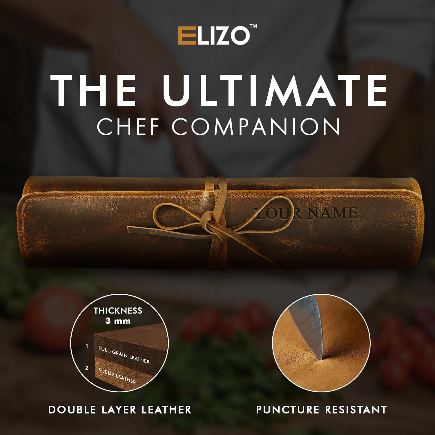 Personalized Premium Full Grain Leather Chef Knife Roll, 17L x 14W Inches Knife Storage Travel Case, Professional Custom Monogram Embossed Chef Knife Case - Holds 4 Chef Knives