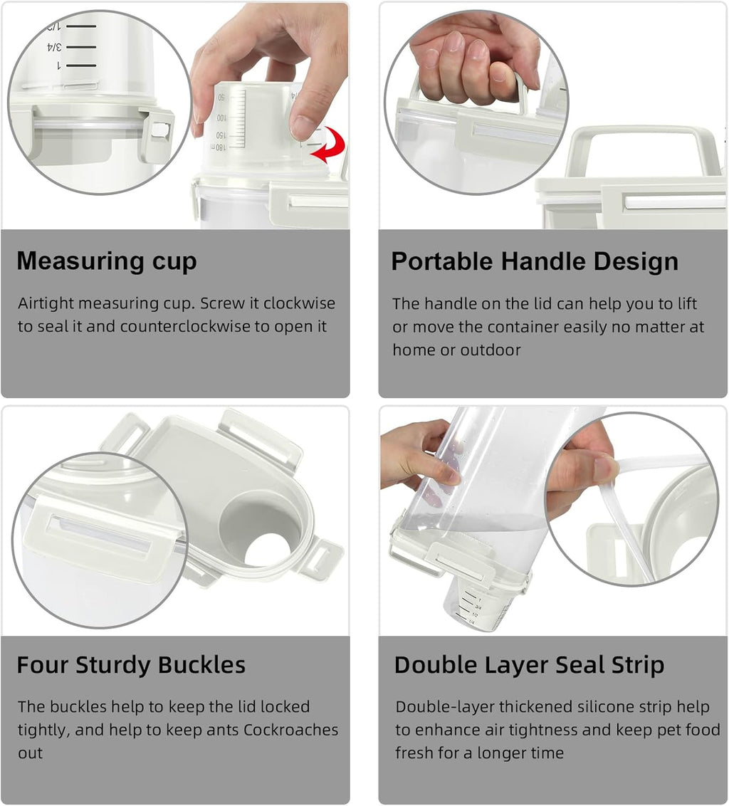 3-5Lbs Airtight Small Cat Dog Pet Food Storage Containers BPA Free, with Large Pour Spout/1 Measuring Cup/ 4 Safety Locks and Double-layer Silicone Strip (Off White 2Pack)