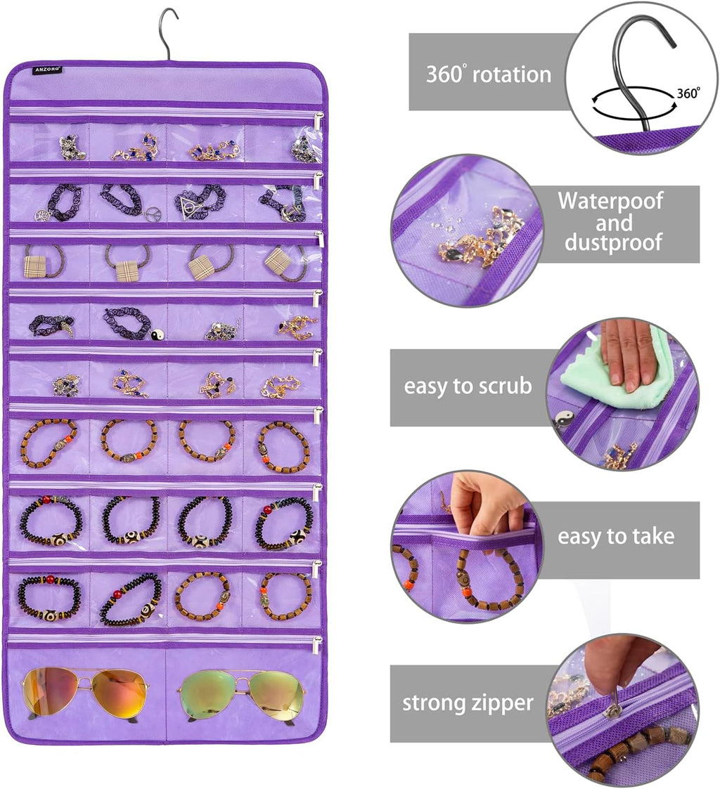 Dual-sided Hanging Jewelry Organizer Necklace Holder Jewelries Storage with 34 Zippered Pockets and 14 Dustproof Hook Loops (PURPLE)