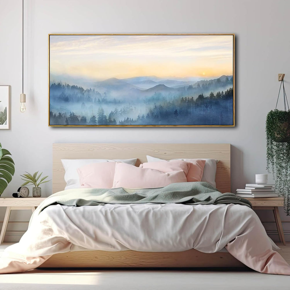 Home Decor Mountain Wall Art Blue Large Framed Artwork for Living Room Bedroo...