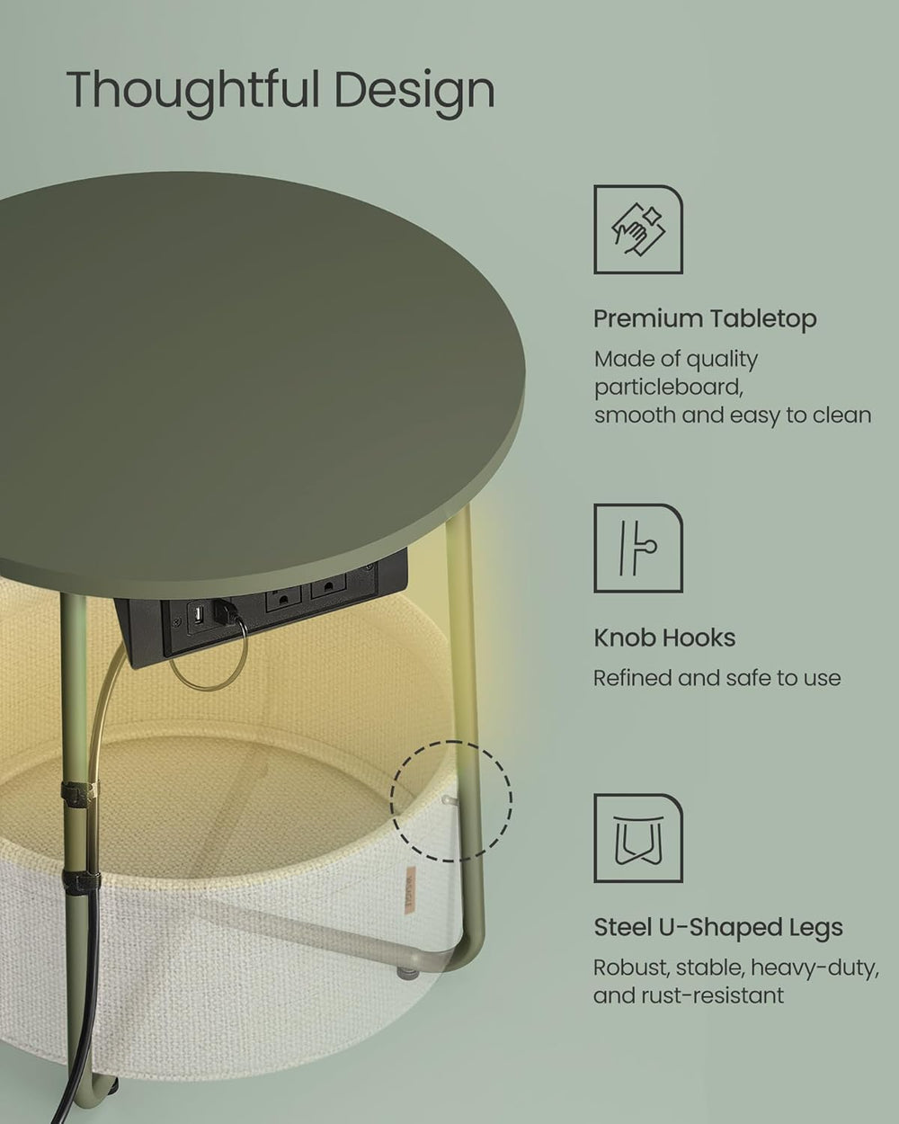 VASAGLE LILEA Collection - Side Table with Charging Station, Round End Table ...