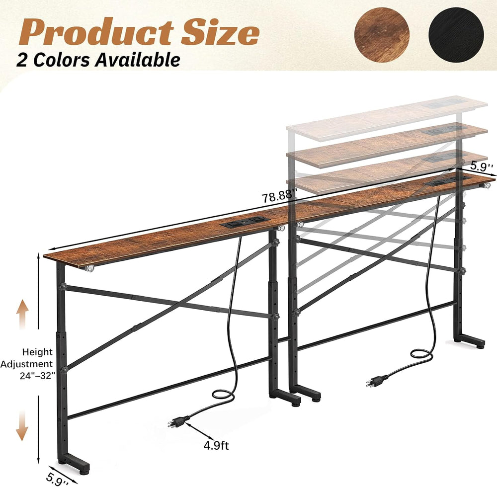 Adjustable Behind Couch Table with Outlets, Brown