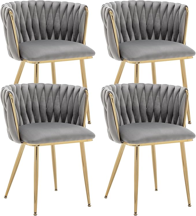 Kiztir Grey Velvet Dining Chairs Set of 4, Modern Upholstered Dining Room Chairs with Gold Metal Legs, Luxury Barrel Dining Chairs for Kitchen, Living Room, Restaurant