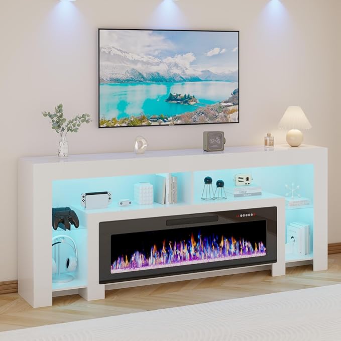 Lemberi 80 inch Fireplace tv Stand with 50 inch Fireplace Up to 90" TVs,LED Light Entertainment Center and Storage, Modern Wood Media TV Console for Living Room