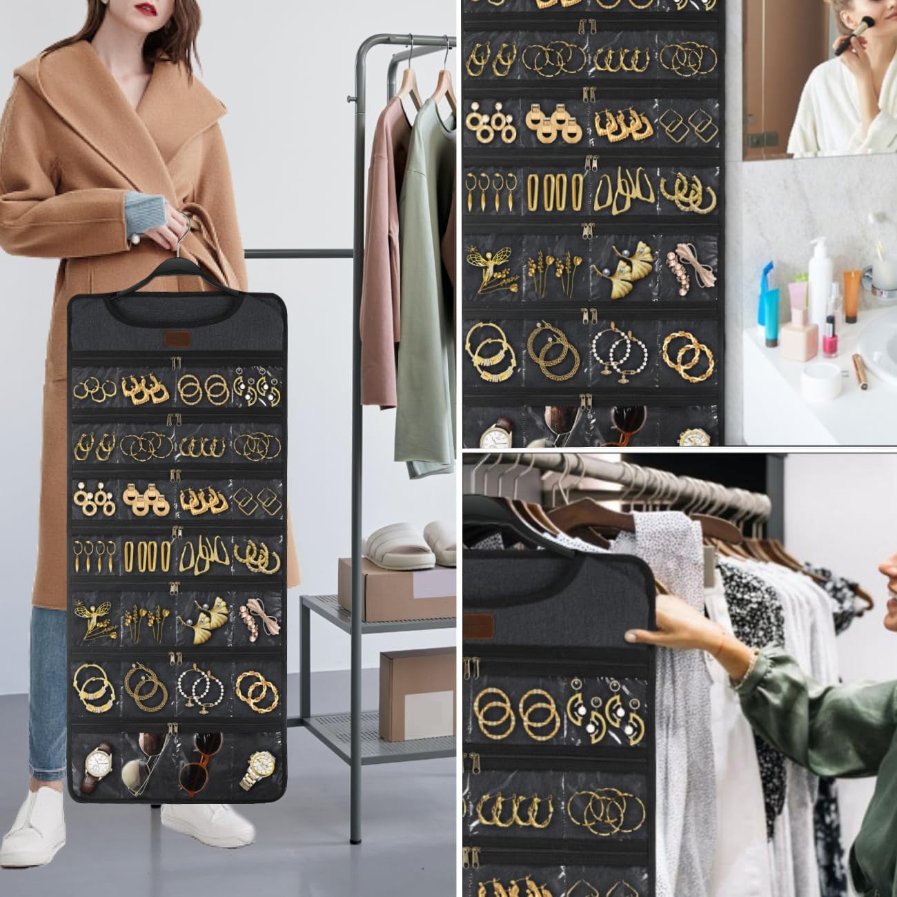 SMRITI Hanging Jewelry Organizer with Dual Zippered Pockets Canvas Double Sided Rotating Hanger Necklace Hanging Wall Organizer Earring Dustproof Holder Wall Mount Accessories Display Bag(Dark Grey)