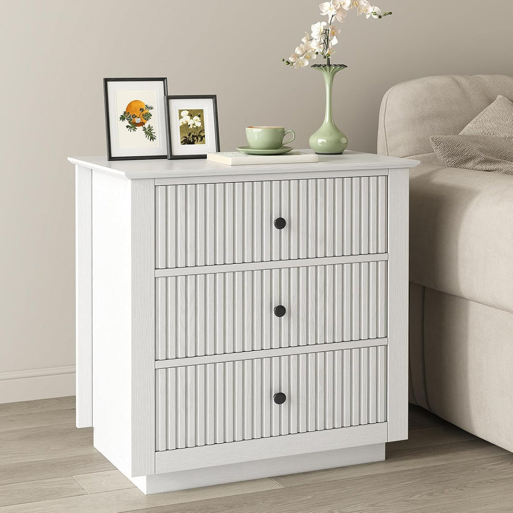 24" Wide Nightstand with Charging Station, Modern Fluted Bedroom Nightst...