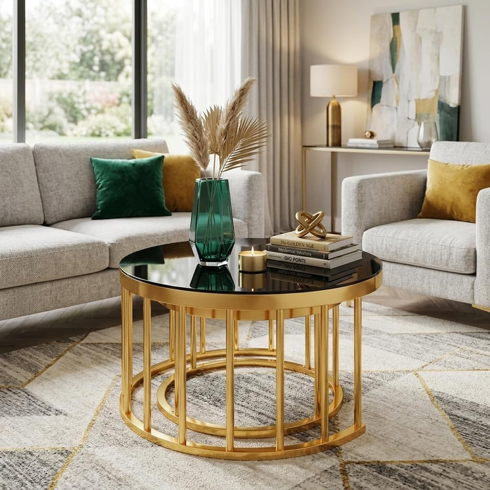 Round Nesting Coffee Table Set of 2 with Gold Frame & Mirrored Top, Black...