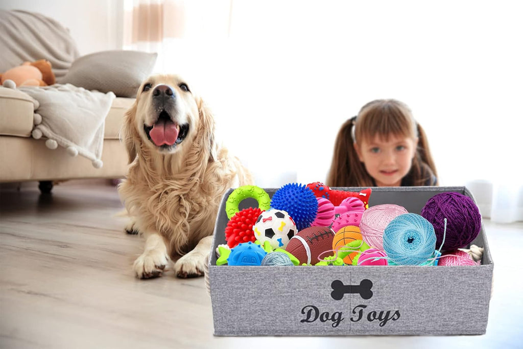 Geyecete Large Dog Toys Storage Bins-Foldable Fabric Trapezoid Organizer Boxes with weave Rope Handle,Collapsible Basket for Shelves(Snow Grey-DOG)
