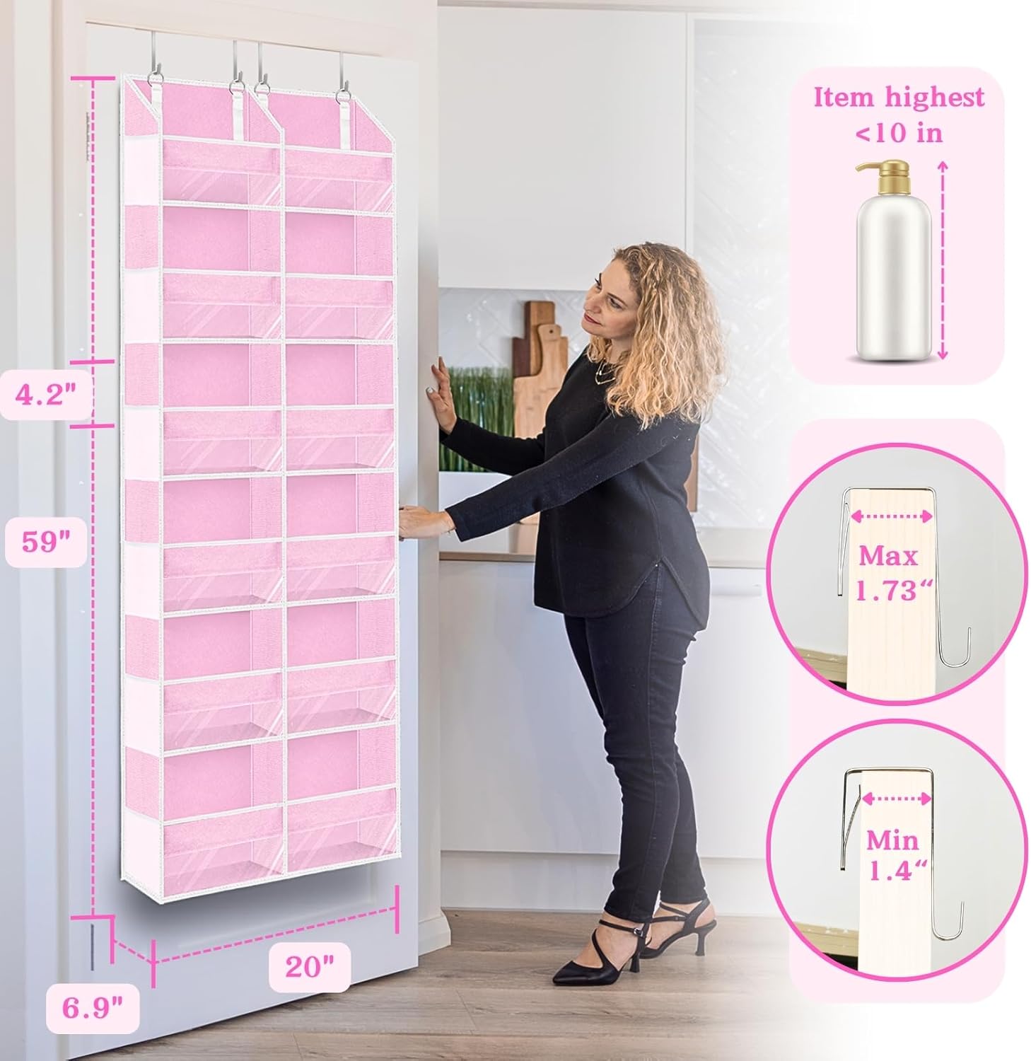Over The Door Organizer 6 Tiers, Extra Large Behind Door Storage of 12 Compartments, 80 lbs Weight Capacity Hanging Storage Organizer with Clear Window Kids Toys,Shoes,Diapers,Room Storage,Pink