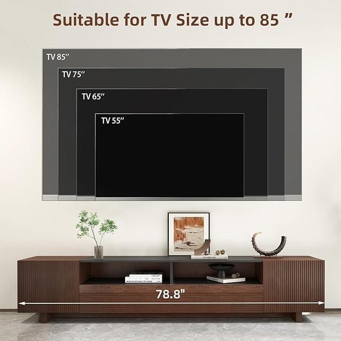 78.8 Inch TV Stand with Storage Cabinets for Living Room, TVs Media Console Entertainment Center with Drawers, Wood Fluted Television Stands with Open Shelves for Bedroom, Dark Brown Walnut