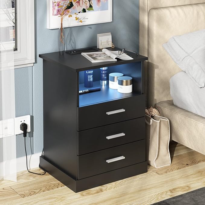 Black LED Nightstand with Charging Station, Side Table with 3 Drawers and Lig...
