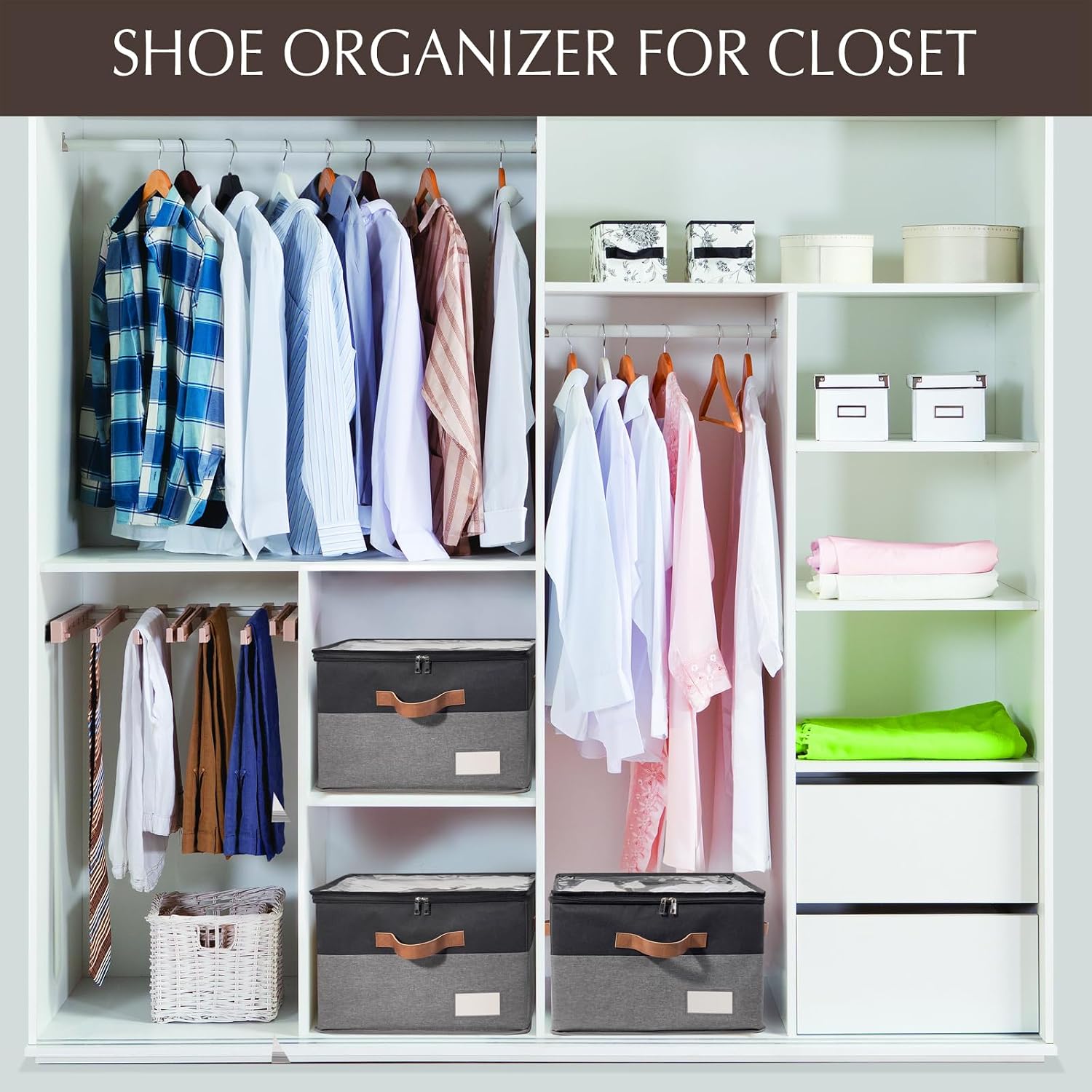 2 Pack Shoe Organizer for Closet with Adjustable Divider Shoe Storage Box | Fits 16-32 Pairs Stackable Foldable Shoe Bin with Clear Cover for Sneaker Boot Heel Sandal Dorm Space Saving Black and Grey