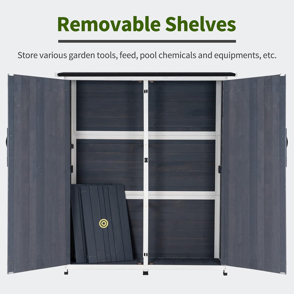 MCombo Outdoor Storage Cabinet with Shelves, Wood Garden Shed with Floor, Outside Tool Shed with 2 Lockable Doors for Backyard Patio Lawn, 1400 (Gray)