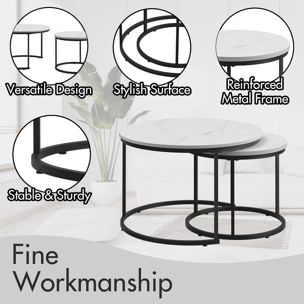 Nesting Coffee Table Set of 2, 27.6inch Round Coffee Table Wood Marble Patter...