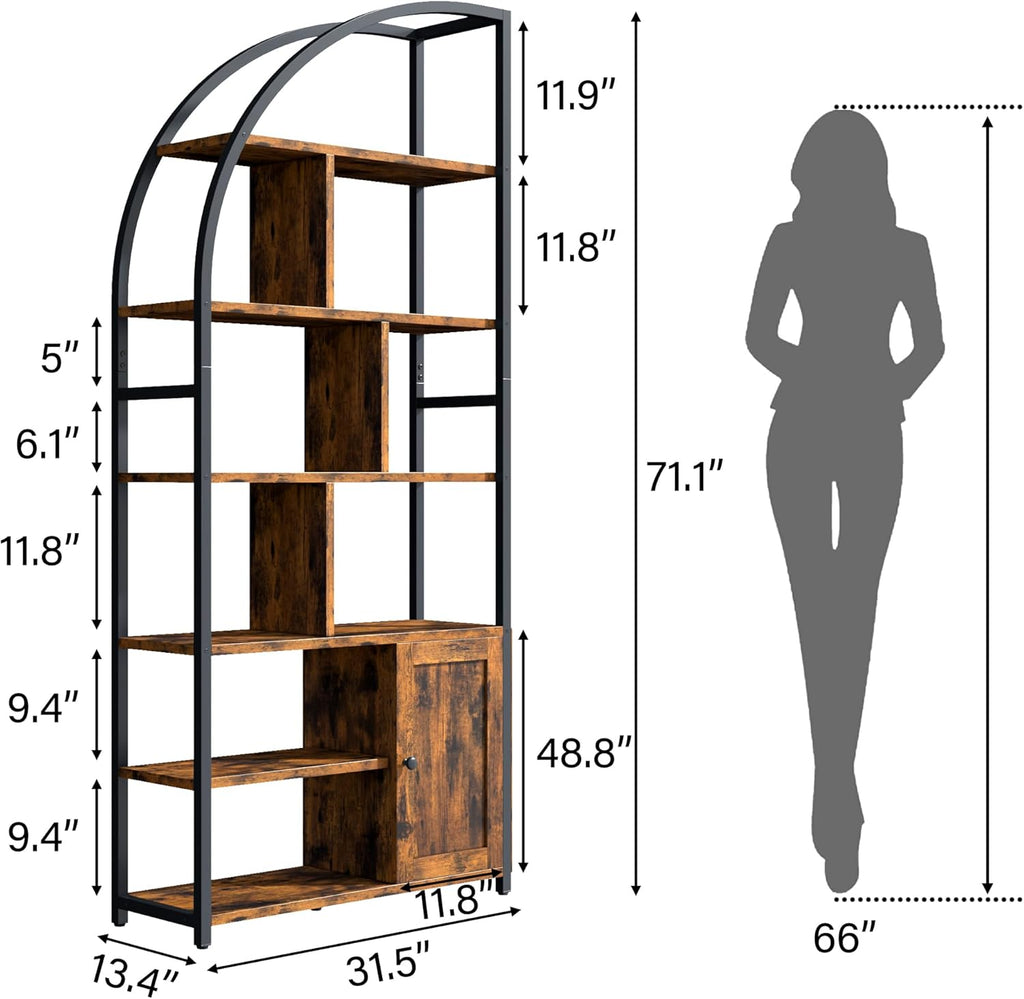 Jehiatek 71" Arc Gold Bookshelf with Storage Cabinet, Tall 6 Tiers Industrial Bookcase with Sturdy Metal Frame, Geometric Book Shelf for Lving Room, Home Office, Black and Brown