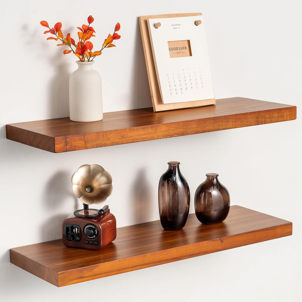 24" Teak Floating Shelves, Natural - Set of 2