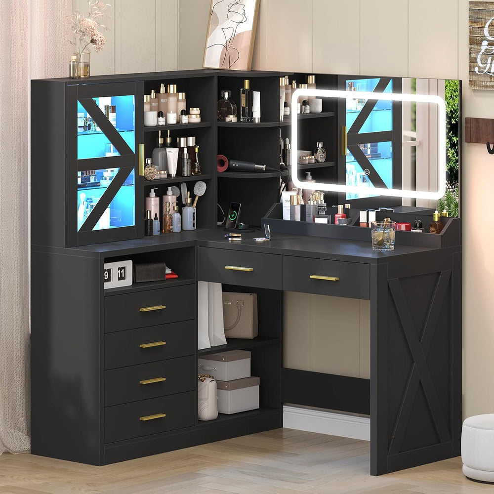 Black L-Shaped Corner Vanity with LED Lighted Mirror & Open Storage Shelv...