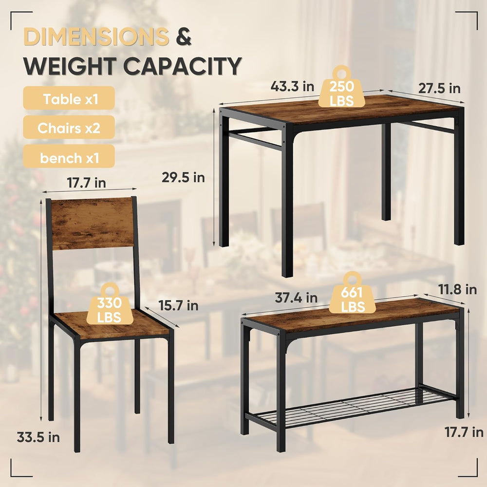 Shahoo Kitchen Table and 2 Chairs for 4 with Bench, 4 Piece Dining Sets for S...