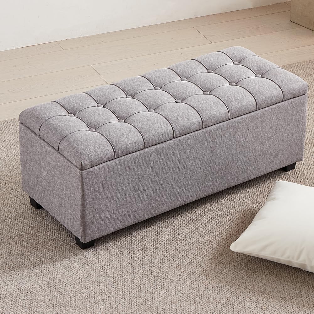 38-inch Grey Fabric Storage Ottoman Bench with Hinged Lid - Long End of Bed B...
