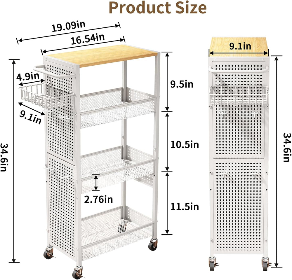 Slim Storage Rolling Cart: 4-Tier Narrow Metal & Wood Utility Cart with W...