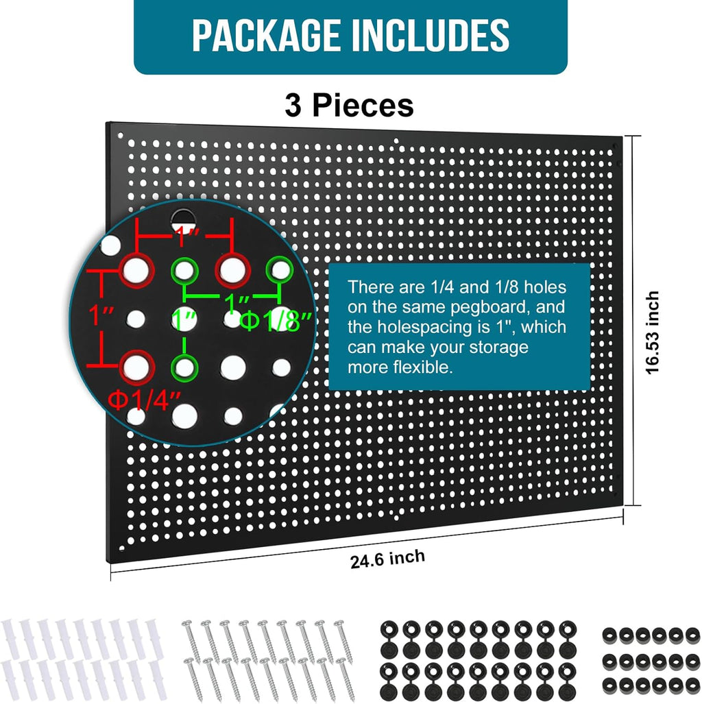 Peg Board,3 Pack 16-Inch X 24-Inch Heavy Duty Metal Peg Board Tool Organization Panels,Ideal for Storage Solutions in Garages, Workbenches, Workshops, Kitchens, and Other Iocations(Black)