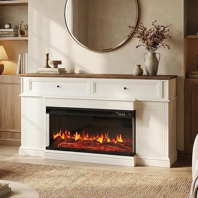 63" Farmhouse TV Stand with Fireplace for TVs up to 70", Media Entertainment Center with Adjustable Shelves, Farmhouse TV Console for Living Room, White & Black