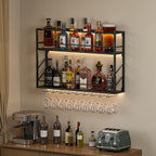 Wall Mounted Wine Rack with Glass Holder，Stylish Mini Floating Bar Shelves for Liquor Bottle Display in Dining Room, Kitchen, Living Room (47.2”W x 26”H x 7.8”D)