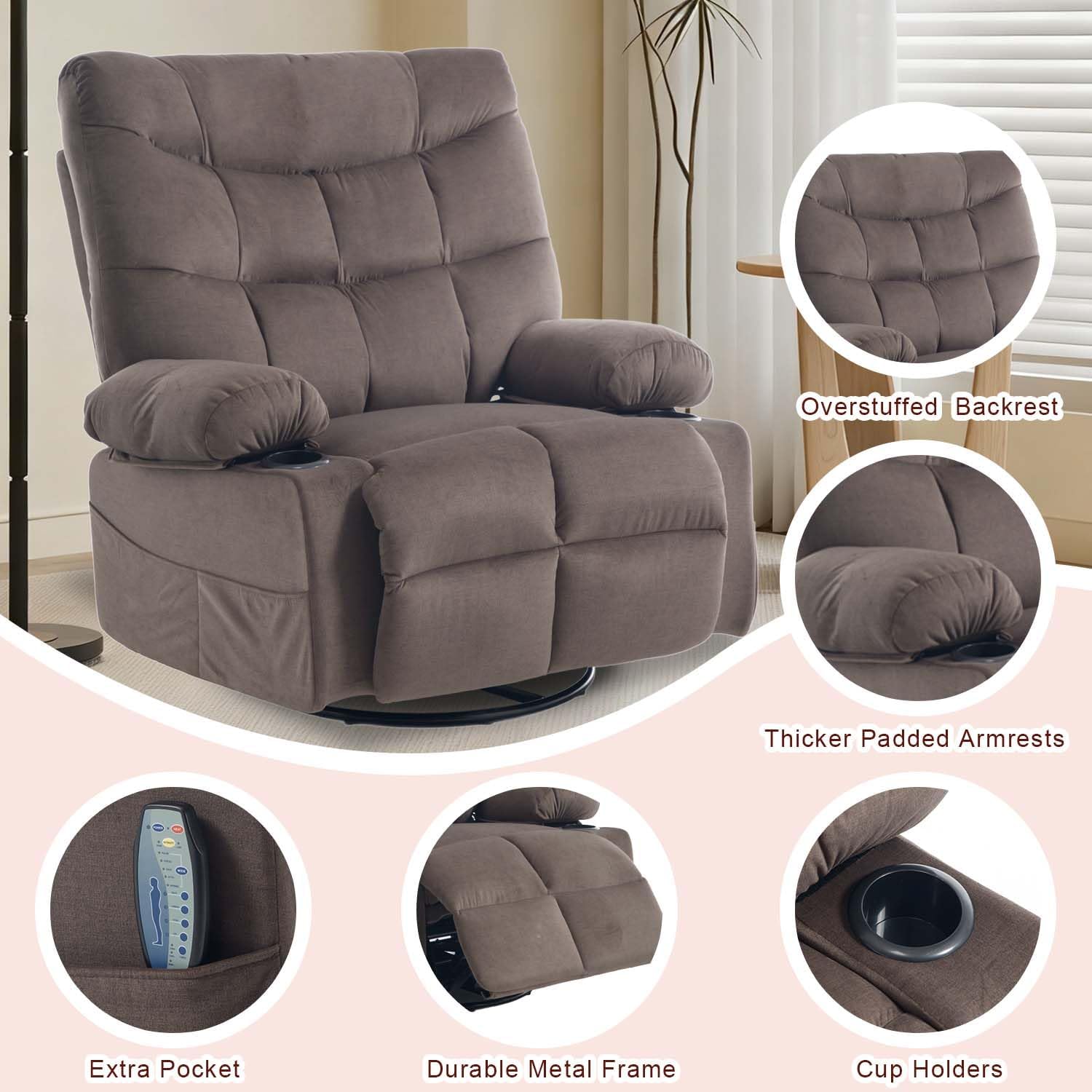 KCQ Overstuffed Swivel Rocker Recliner Chair with Massage and Heat, Fabric Heated Reclining Chairs Manual Recliner with Cup Holder, Nursery Rocking Recliner Glider Chair, Brown
