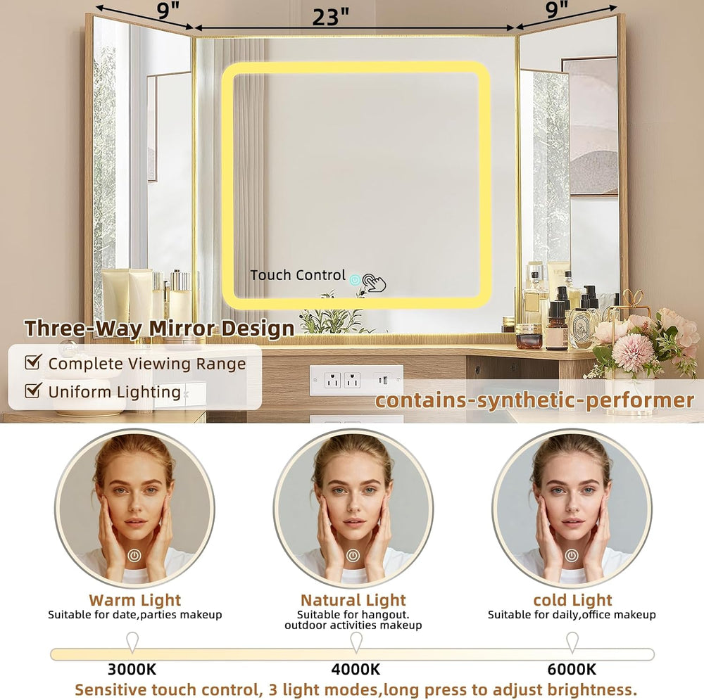 Lerliuo Corner Vanity Desk with 3 Way Mirror and Lights, Stool Sets | 46'...