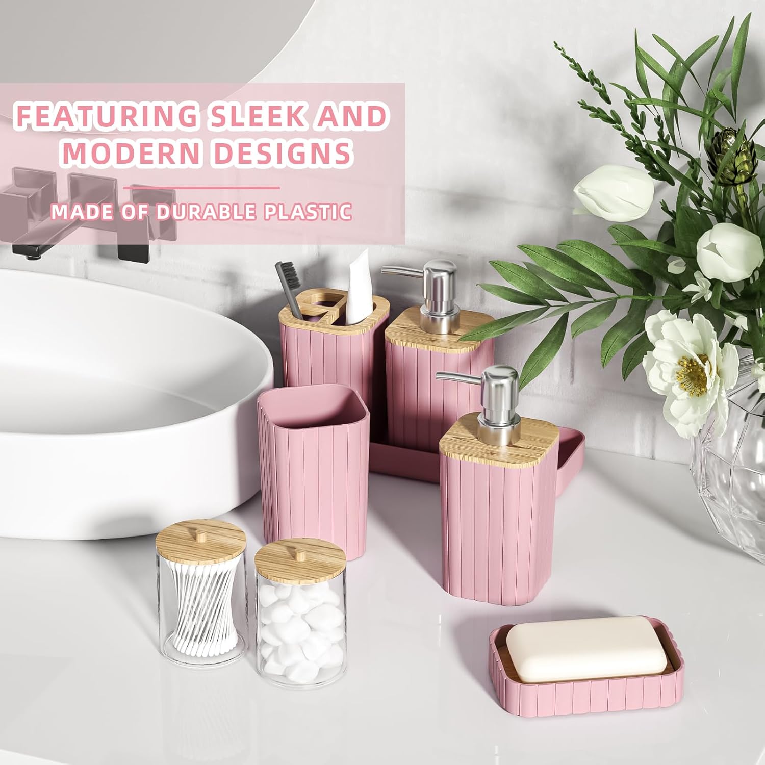 Bathroom Accessories Set - 25PC Pink Bathroom Set, Bathroom Set with Shower Curtain and Rugs, Pink Shower Curtain Set, Toilet Brush, Bathroom Trash Can