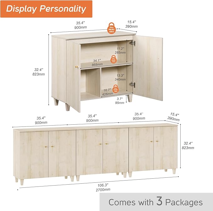 WAMPAT TV Stand Cabinets for 85+ Inches TVs, 3-in-1 Wood Entertainment Center with Doors and 9 Compartments, 106" Modern Media Console Table with Storage for Living Room Bedroom, Natural Oak
