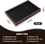 Wooden Valet Tray with Leather Base - Nightstand Catchall Organizer for Cologne, Perfume, Keys, Wallet, Phone, Watch, Jewelry & Sunglasses (Black)